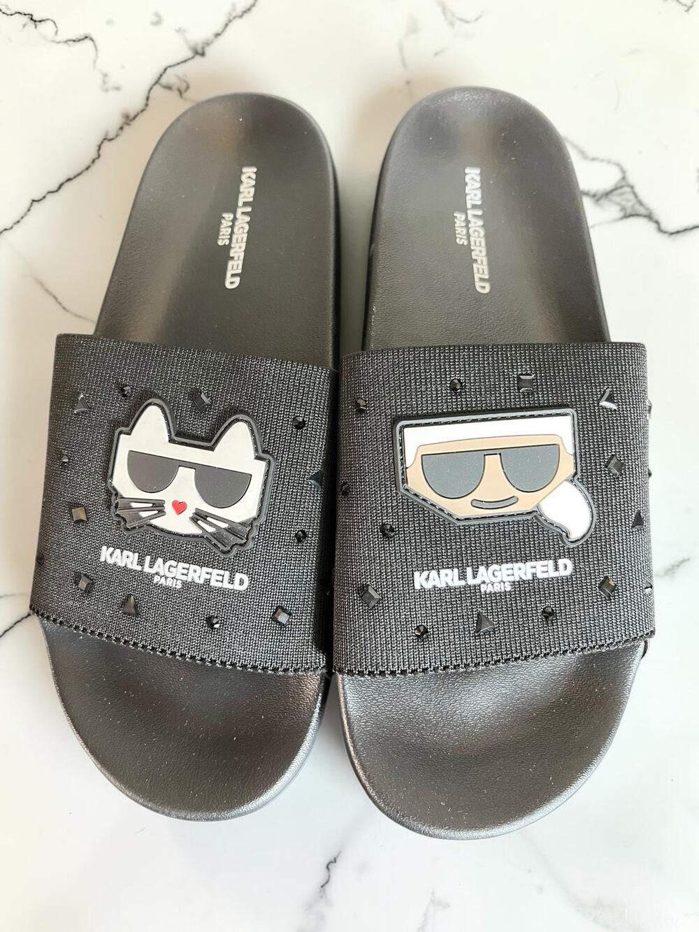 Karl Lagerfeld Paris Women’s Icon Karl Choupette Embellished Slides Black Size10